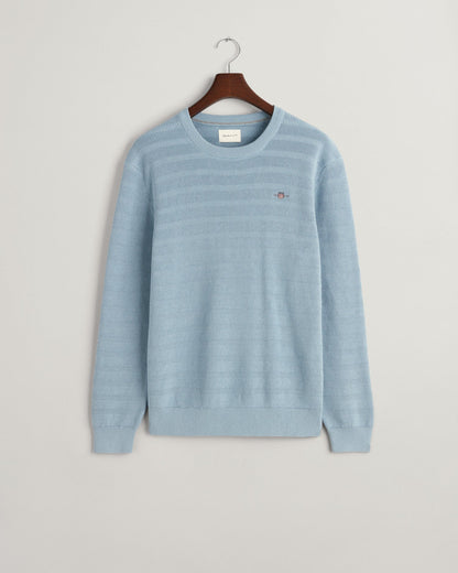 Men's Striped Textured Cotton Crew Neck Sweater - DOVE BLUE