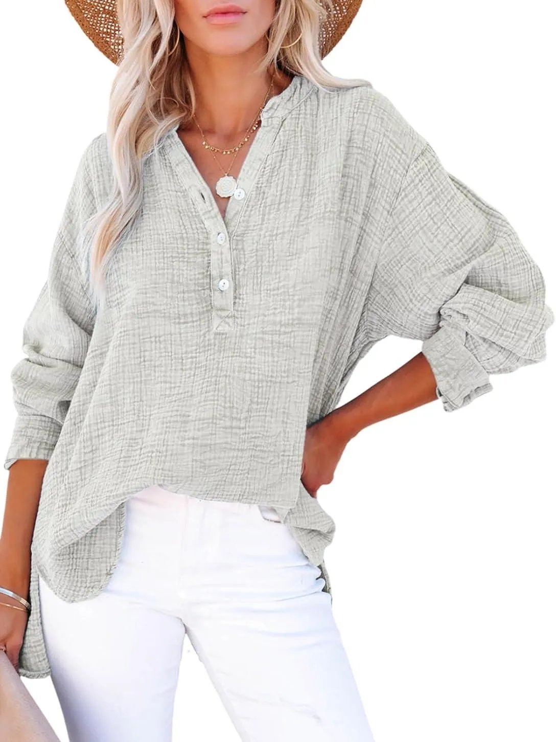 🔥Best-1 Tops 2025🔥Women Casual Button V Neck Long Sleeve Shirts Oversized Solid Blouses Tops