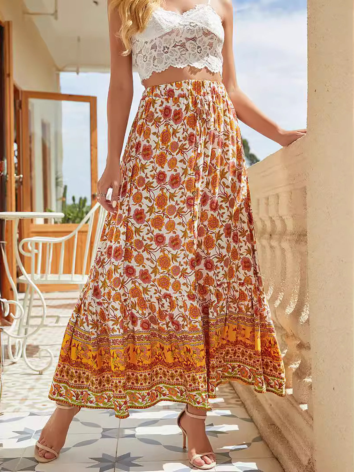 🔥Up to 69% OFF Today🔥Women's Summer Beach Pleated A-Line Boho Floral Elastic High Waist Maxi Skirts
