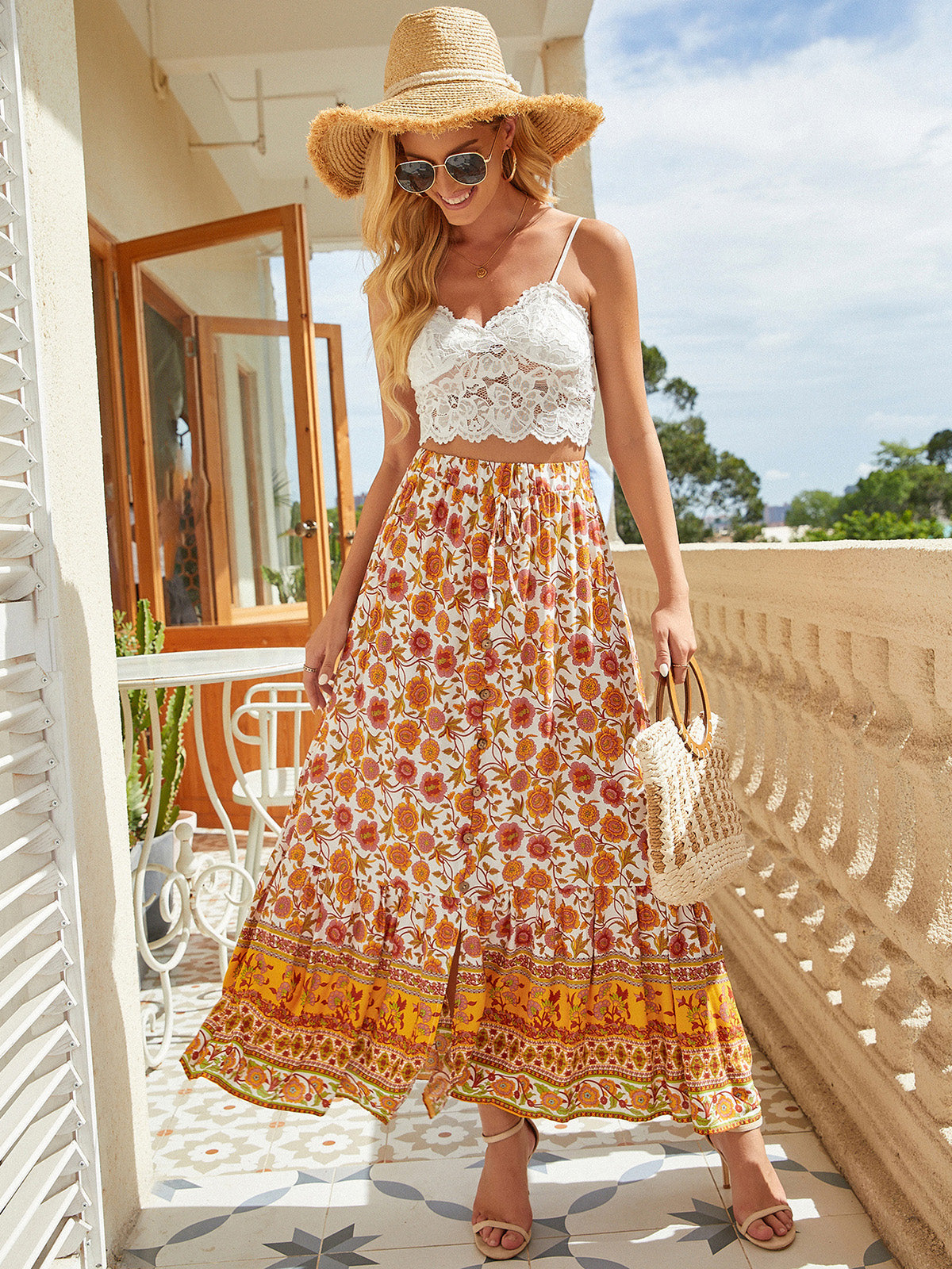 🔥Up to 69% OFF Today🔥Women's Summer Beach Pleated A-Line Boho Floral Elastic High Waist Maxi Skirts