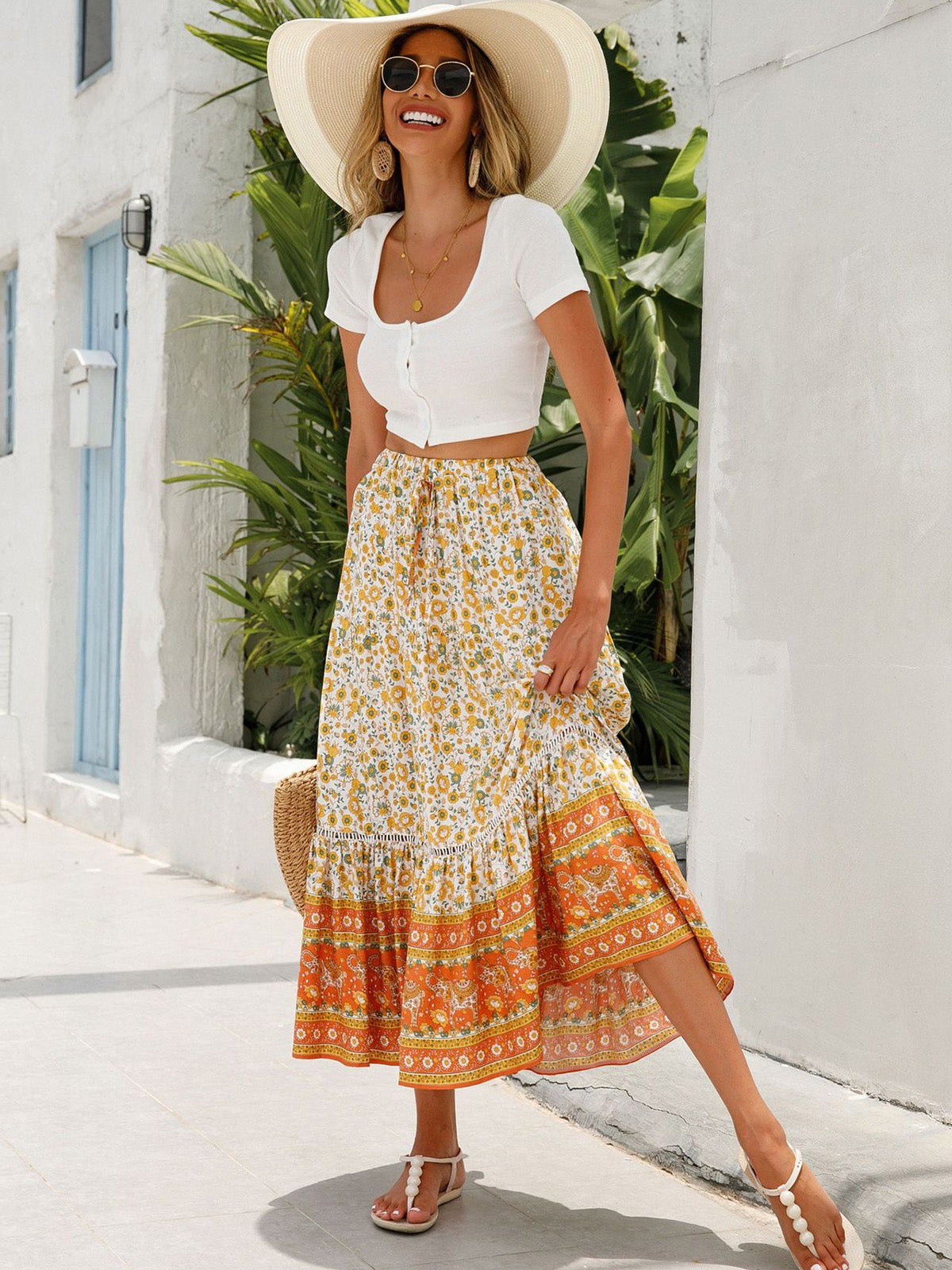 🔥Up to 69% OFF Today🔥Women's Summer Beach Pleated A-Line Boho Floral Elastic High Waist Maxi Skirts