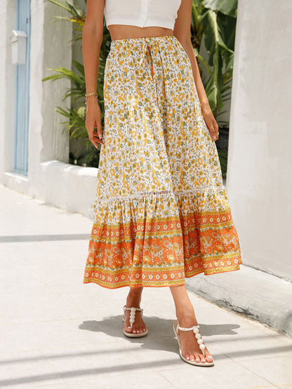 Women's Summer Boho Floral Elastic High Waist Beach Skirts