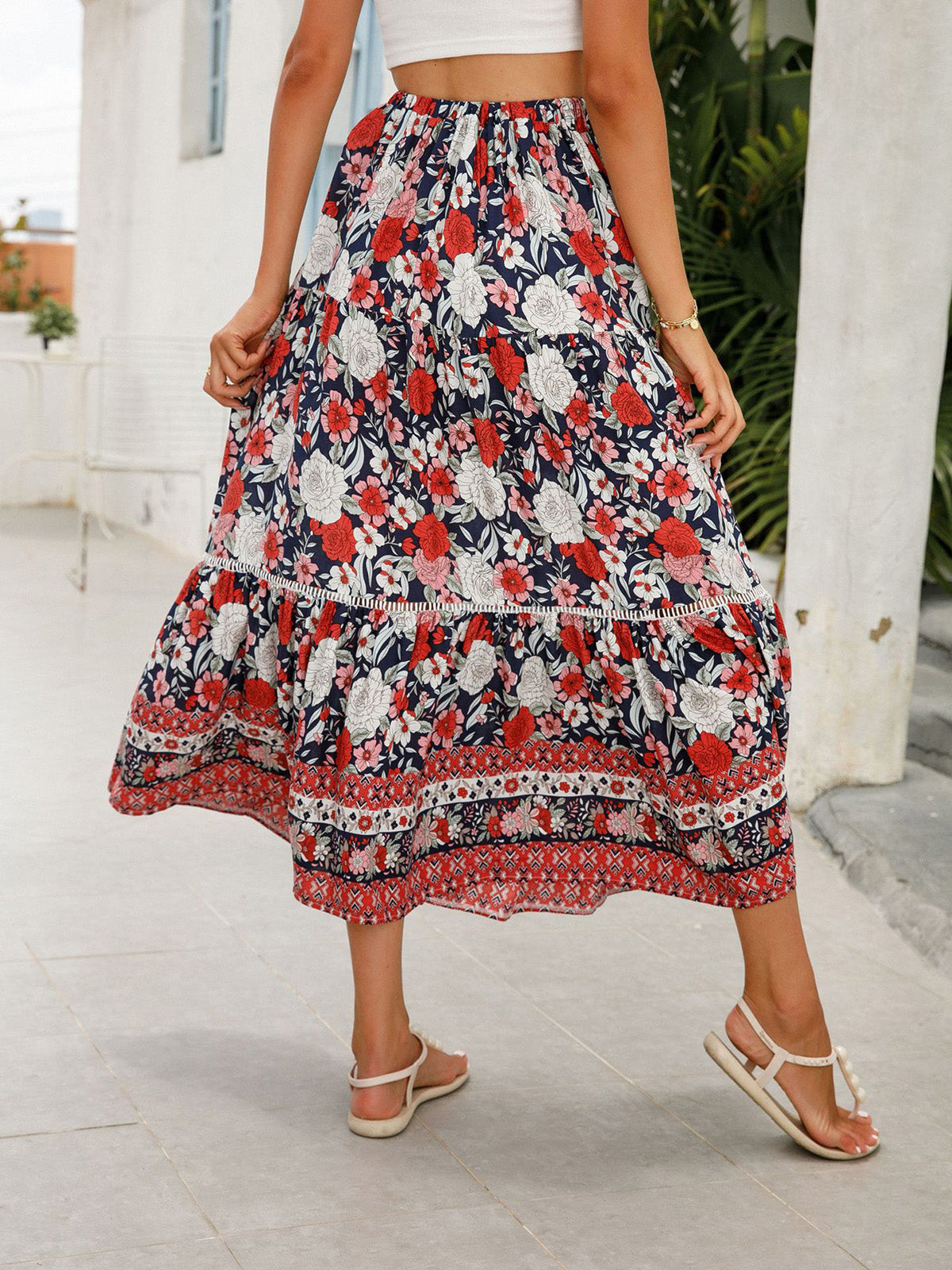 Women's Summer Boho Floral Elastic High Waist Beach Skirts