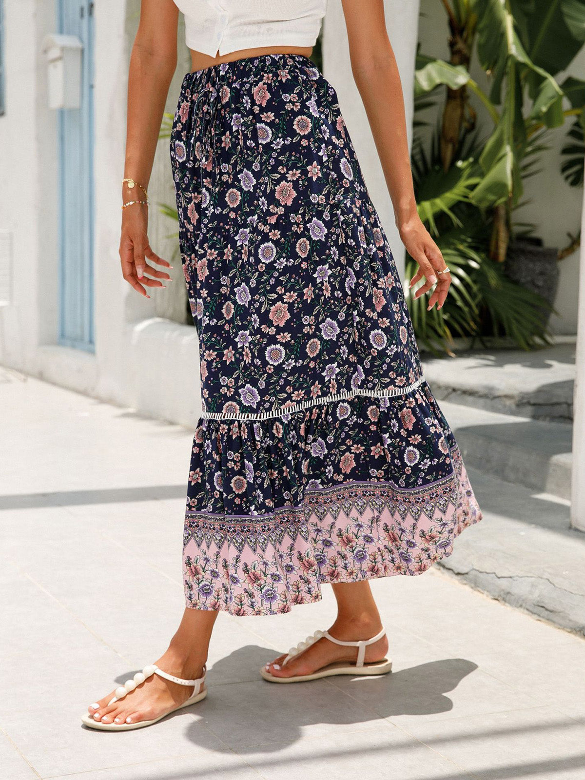 Women's Summer Boho Floral Elastic High Waist Beach Skirts