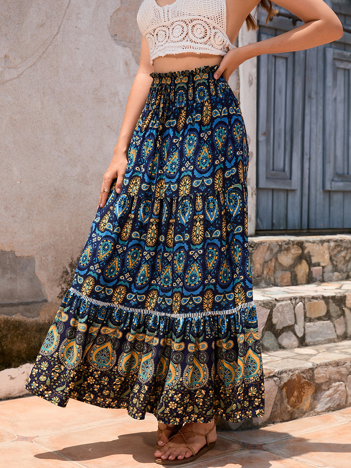 Women's Boho Floral Elastic High Waist Maxi Skirts