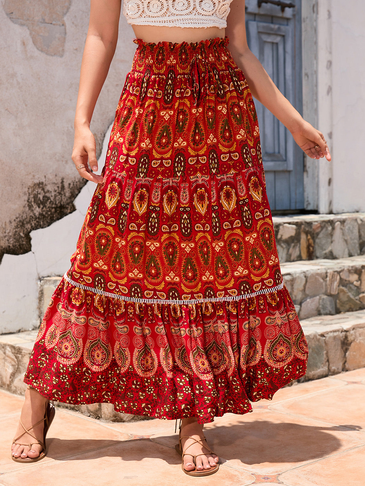🔥Up to 69% OFF Today🔥Women's Summer Beach Pleated A-Line Boho Floral Elastic High Waist Maxi Skirts