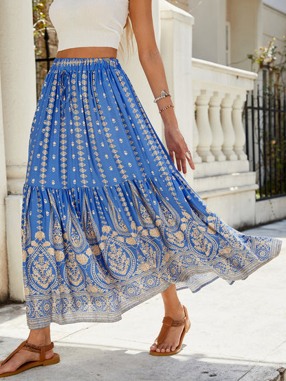 Women's Summer 2025 Boho Floral High Waist Midi Skirts