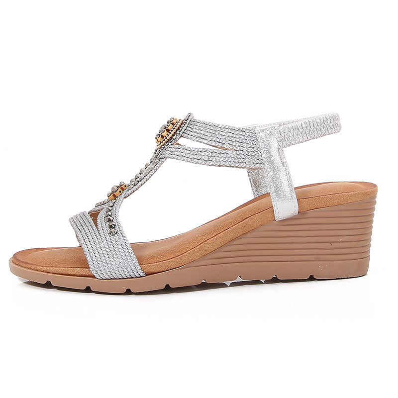Comfortable Bohemian Fashion Rhinestone Platform Wedge Sandals