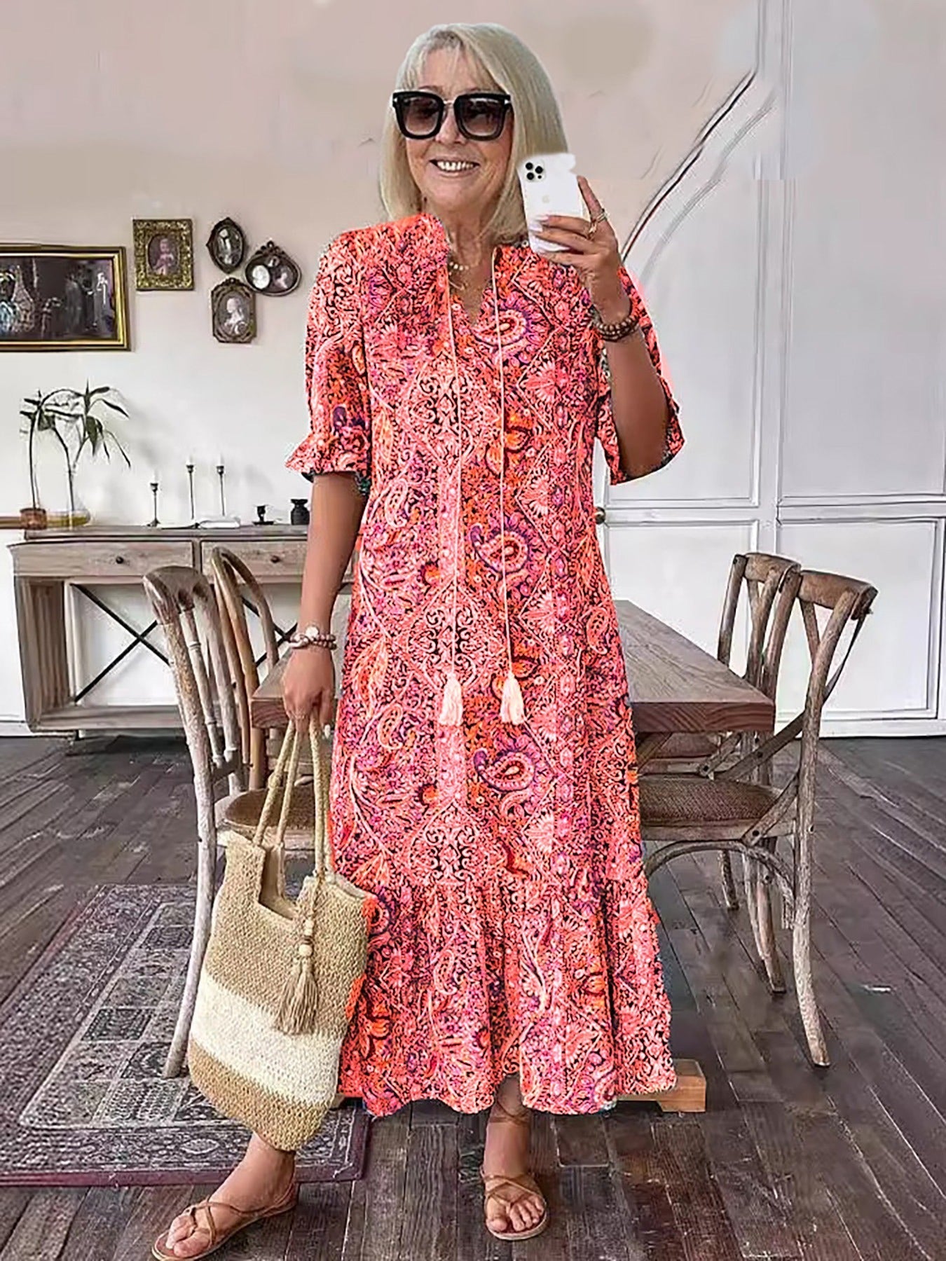Paisley Bohemian Long Length Vintage Print Tassel Tie Neck Tunic Dress - Elegant Vacation Style with Drawstring, Ruffle Hem, and Random Printing
