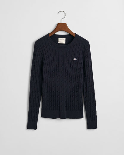 Stretch Cotton Cable Knit Crew Neck Sweater