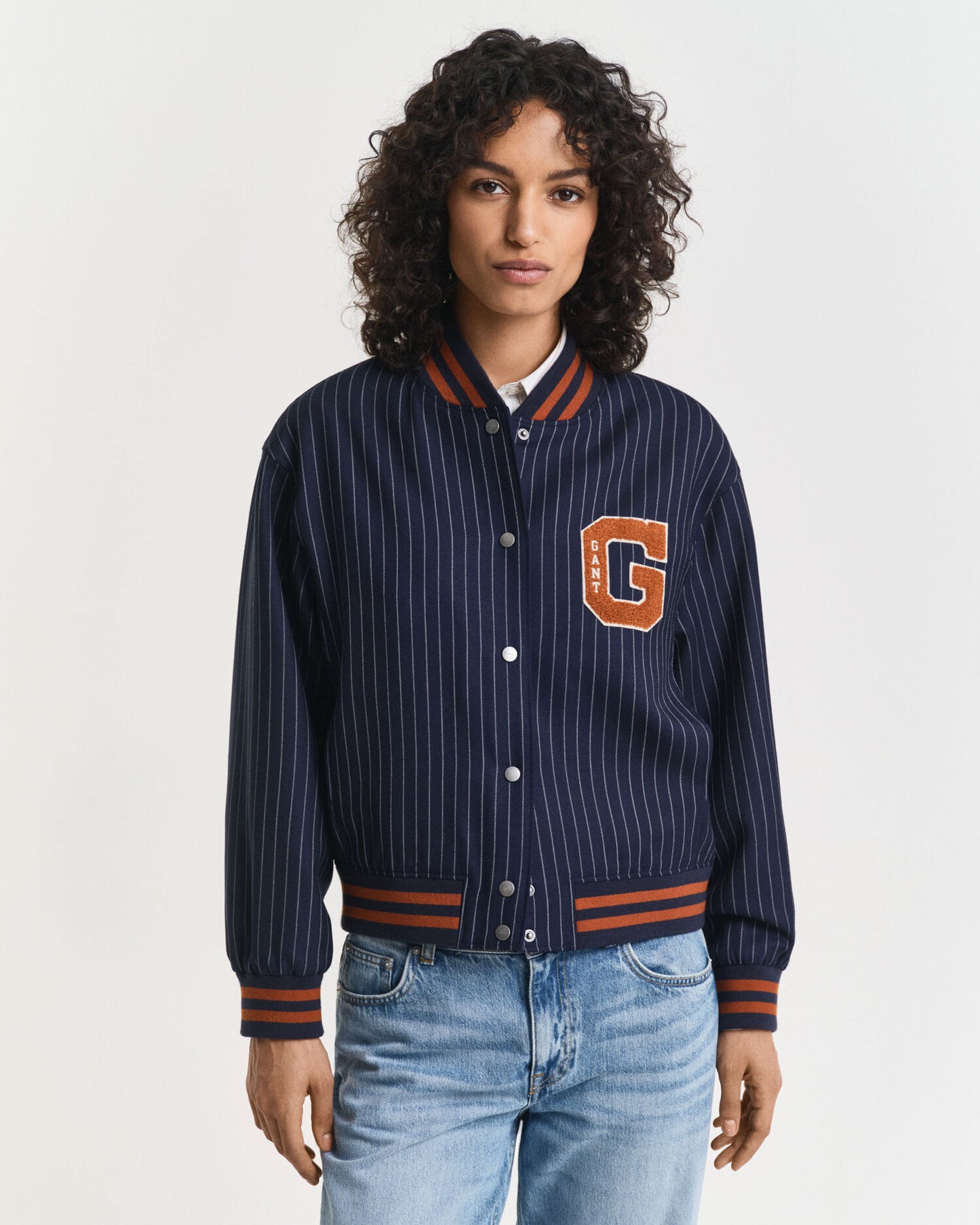 Pinstriped Varsity Jacket