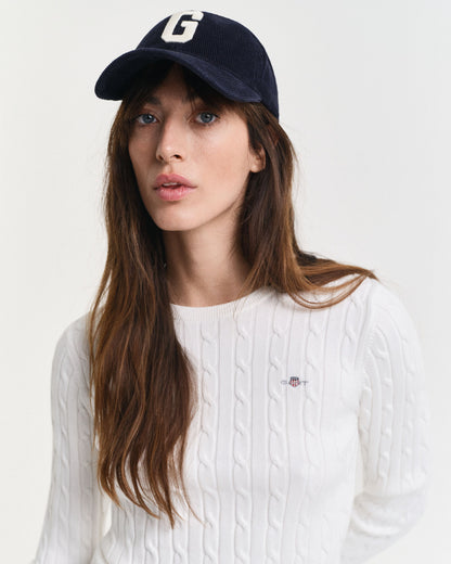 Stretch Cotton Cable Knit Crew Neck Sweater