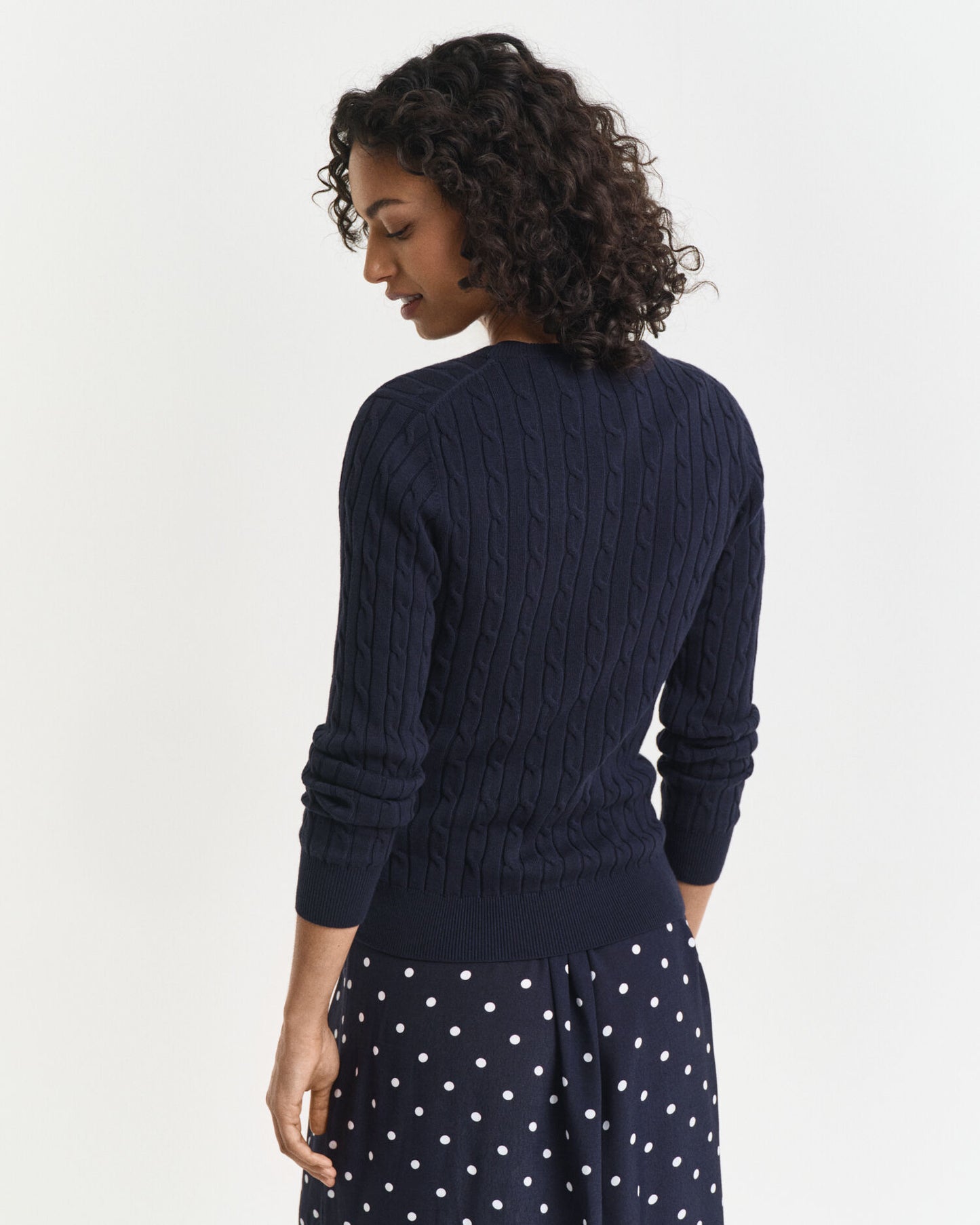 Stretch Cotton Cable Knit Crew Neck Sweater