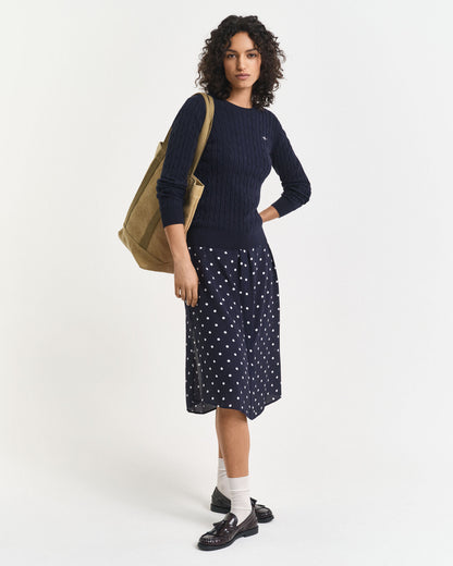 Stretch Cotton Cable Knit Crew Neck Sweater