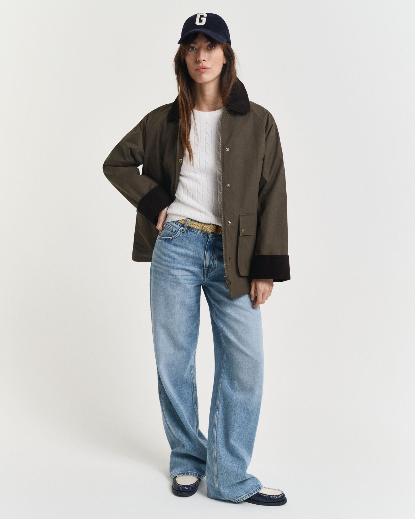 Stretch Cotton Cable Knit Crew Neck Sweater