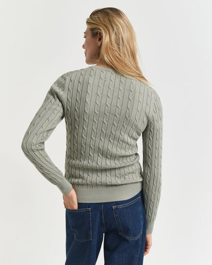 Stretch Cotton Cable Knit Crew Neck Sweater