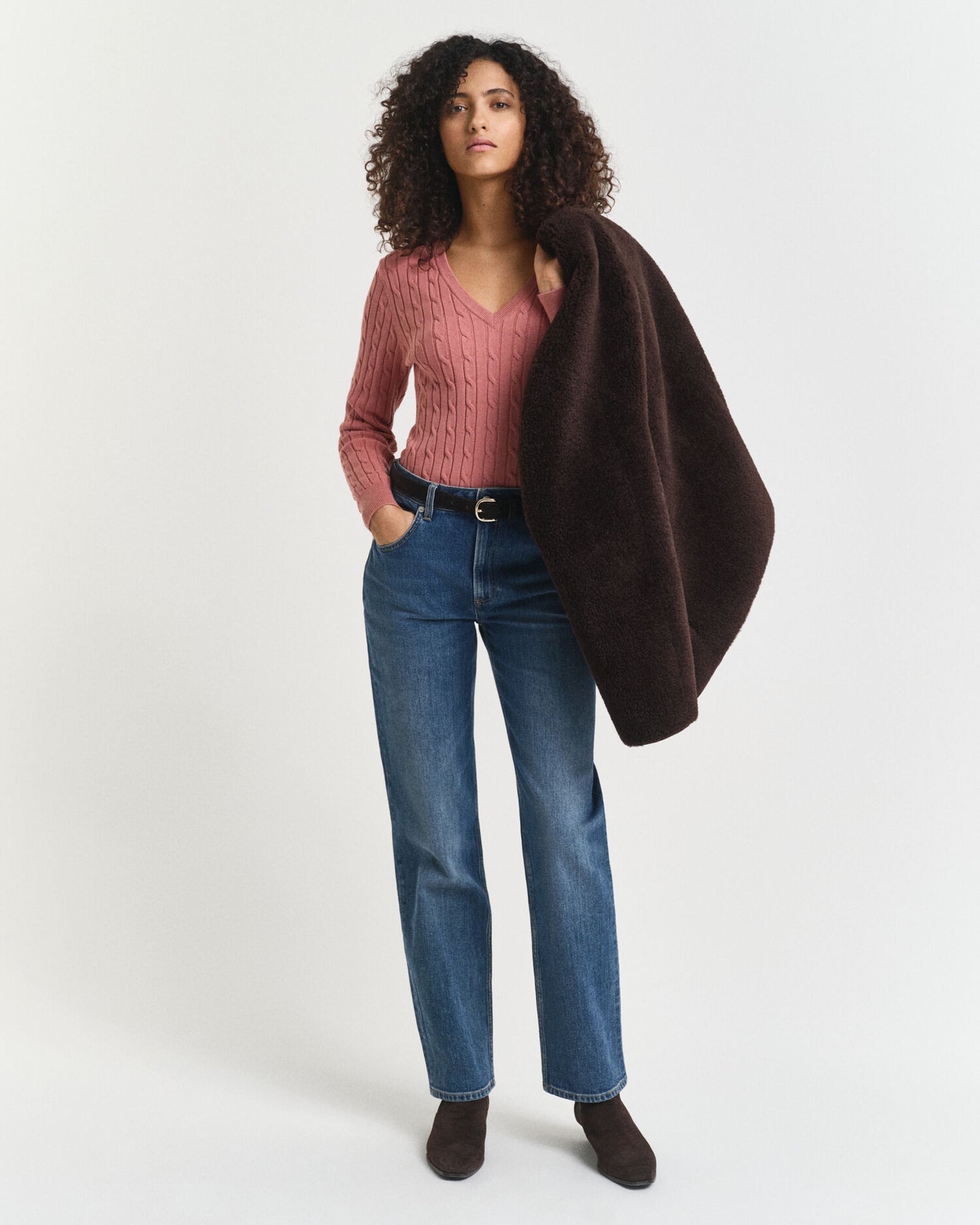 Stretch Cotton Cable Knit V-Neck Sweater