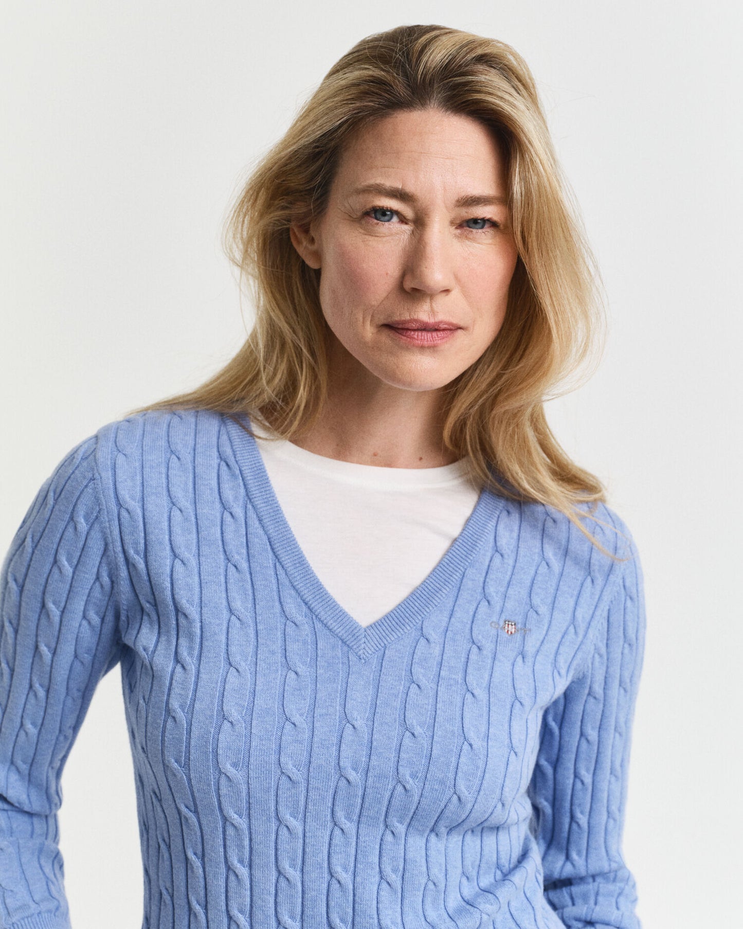 Stretch Cotton Cable Knit V-Neck Sweater