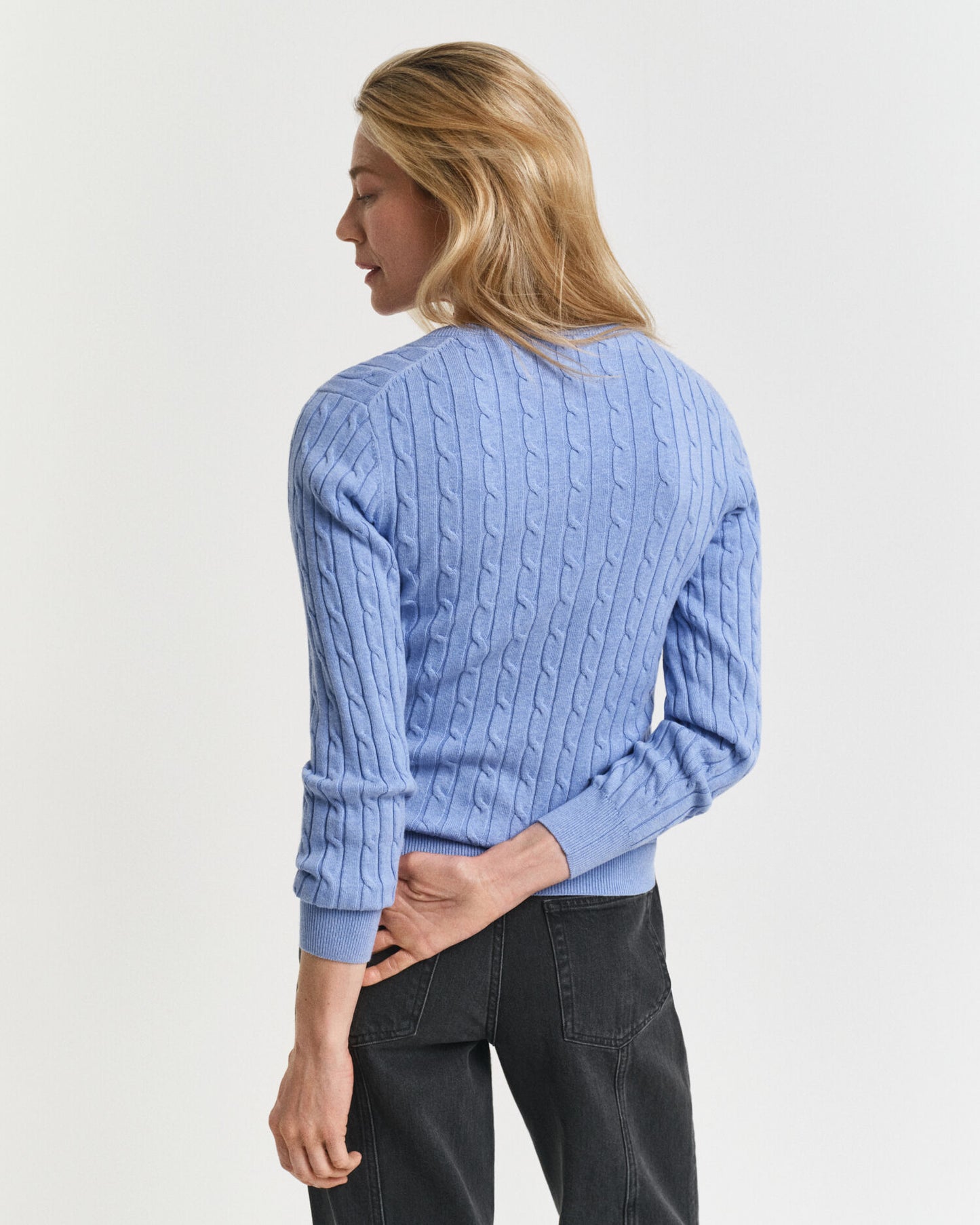 Stretch Cotton Cable Knit V-Neck Sweater