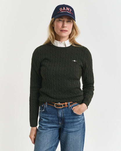 Stretch Cotton Cable Knit Crew Neck Sweater