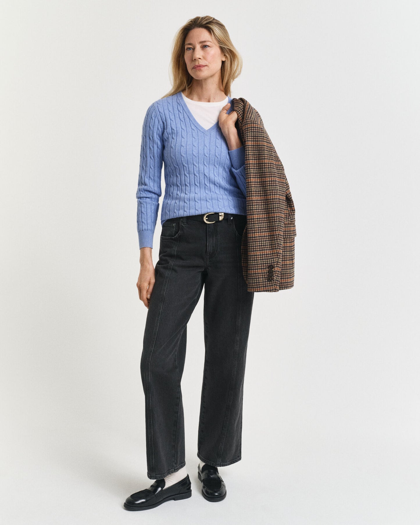 Stretch Cotton Cable Knit V-Neck Sweater