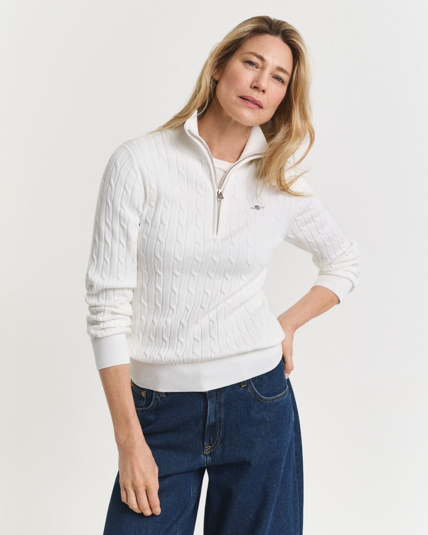 Stretch Cotton Cable Knit Half-Zip Sweater