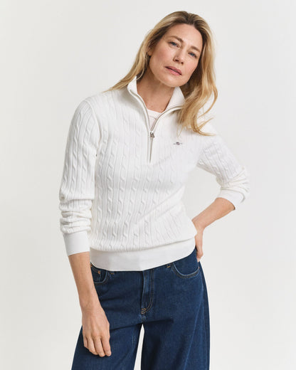 Stretch Cotton Cable Knit Half-Zip Sweater