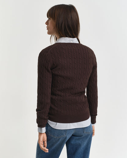 Stretch Cotton Cable Knit V-Neck Sweater