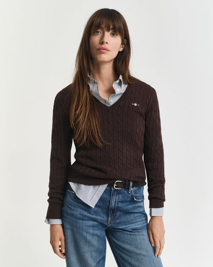 Stretch Cotton Cable Knit V-Neck Sweater