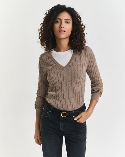 Stretch Cotton Cable Knit V-Neck Sweater