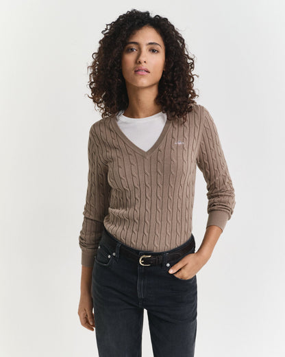 Stretch Cotton Cable Knit V-Neck Sweater