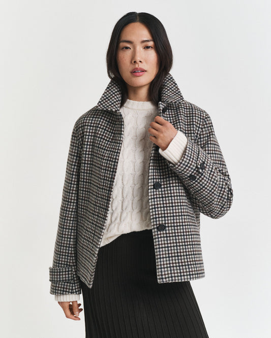 Short Checked Wool Blend Car Coat
